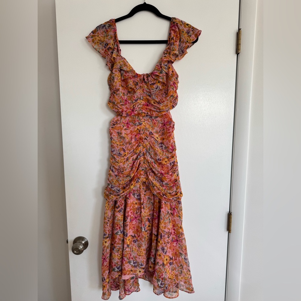 Astr Floral Ruffled Midi Dress in Pink and Orange
